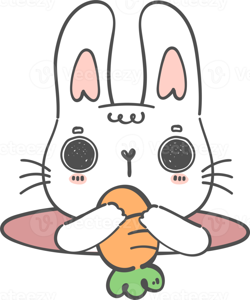 söt Lycklig leende vit kanin kanin med morot i hål tecknad serie klotter djur- karaktär hand teckning png