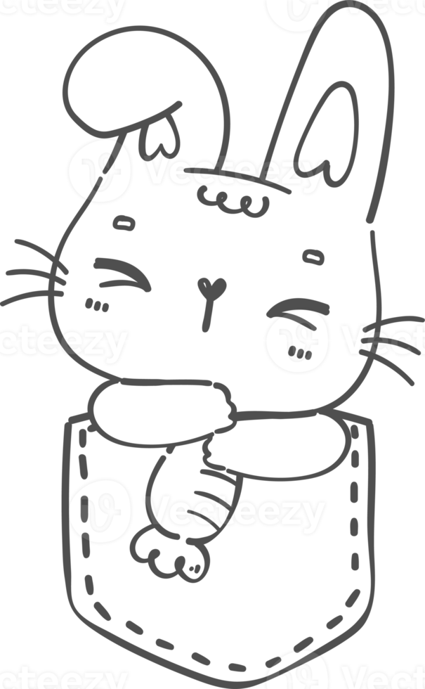 Happy smile Kawaii bunny rabbit in t shirt pocket cartoon doodle hand drawing outline for colouring png