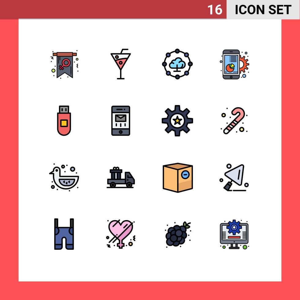 16 Flat Color Filled Line concept for Websites Mobile and Apps usb marketing drinks graph chart Editable Creative Vector Design Elements