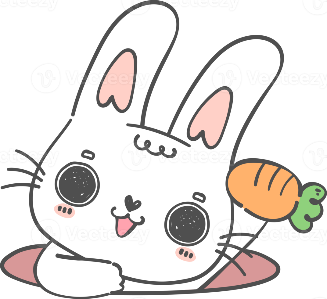 schattig gelukkig glimlach wit konijn konijn met wortel in gat tekenfilm tekening dier karakter hand- tekening png