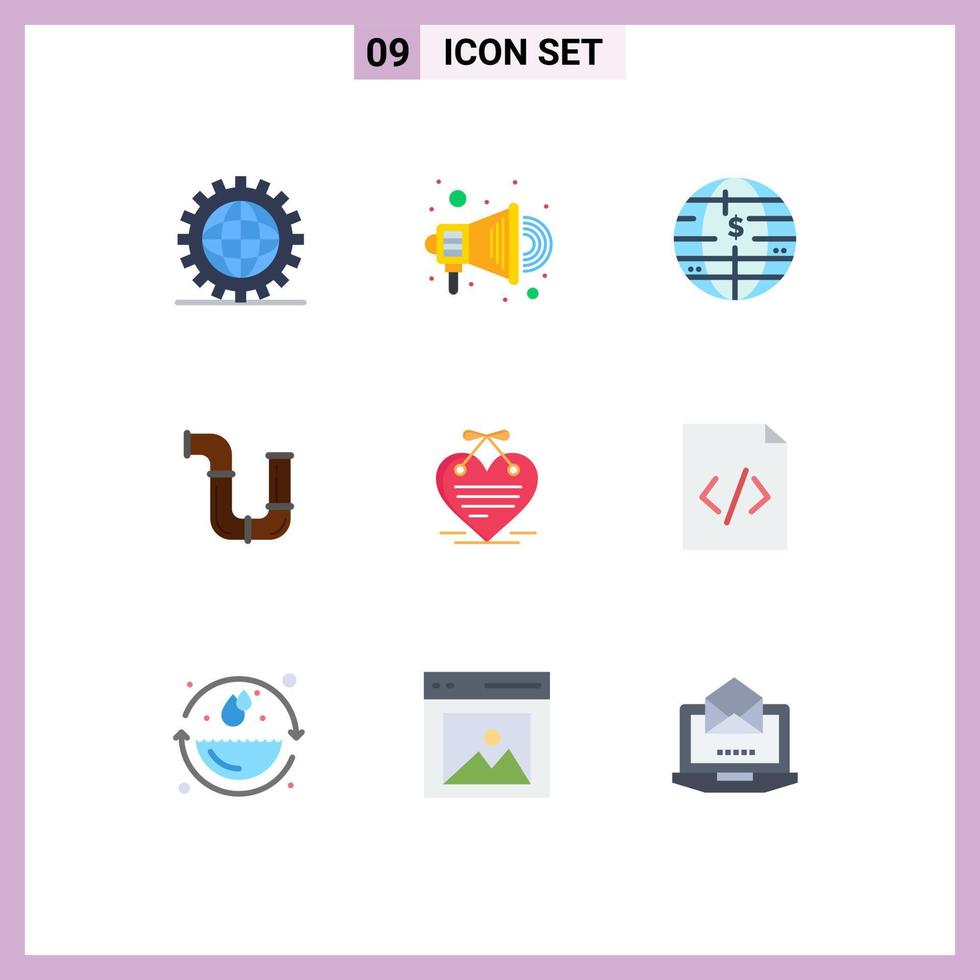 Set of 9 Vector Flat Colors on Grid for heart tools future of money repair pipe Editable Vector Design Elements