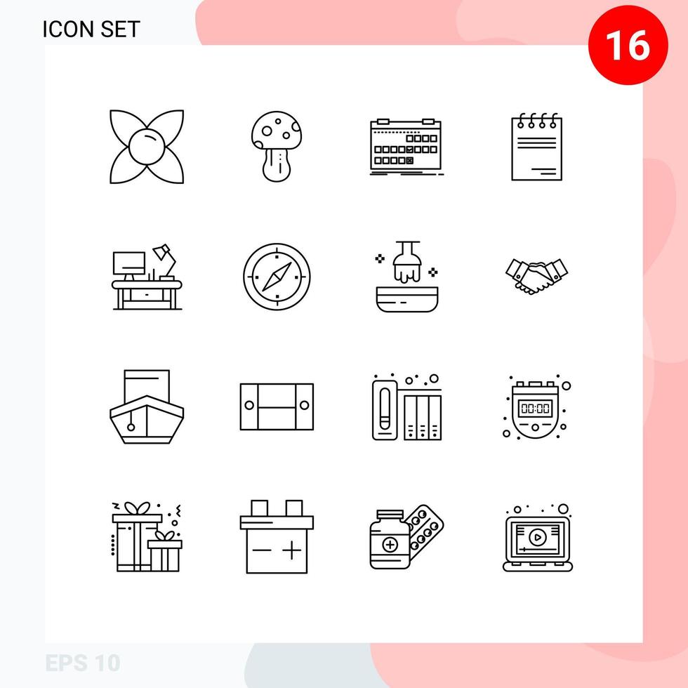 16 Thematic Vector Outlines and Editable Symbols of table lamp paper calendar document schedule Editable Vector Design Elements
