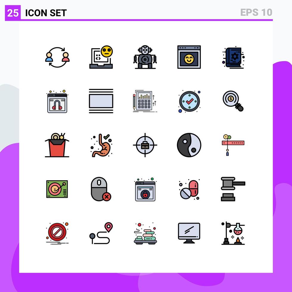 Modern Set of 25 Filled line Flat Colors Pictograph of book interface development emotion technology Editable Vector Design Elements