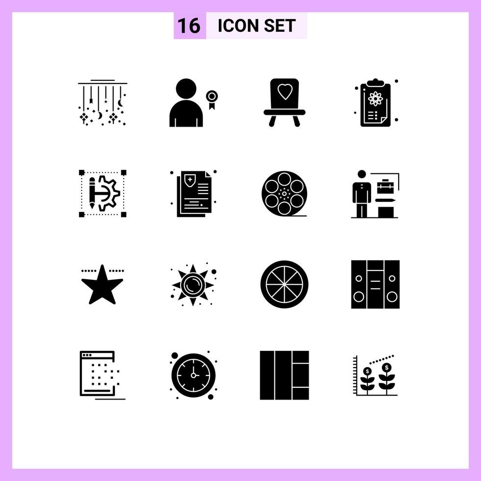 16 Universal Solid Glyph Signs Symbols of cog wheel pencil ribbon logic education Editable Vector Design Elements