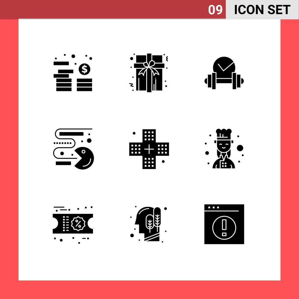 conjunto moderno de 9 glifos y símbolos sólidos, como elementos de diseño de vectores editables para juegos de cuidado de la salud de enfermedades de forma