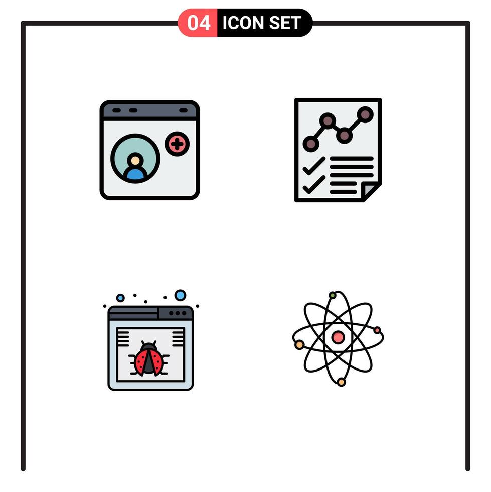 4 Thematic Vector Filledline Flat Colors and Editable Symbols of browser report internet data bug Editable Vector Design Elements