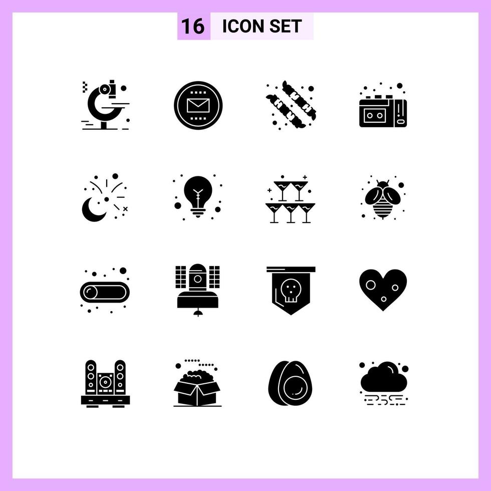 16 Thematic Vector Solid Glyphs and Editable Symbols of decoration cresent camping moon vhs Editable Vector Design Elements