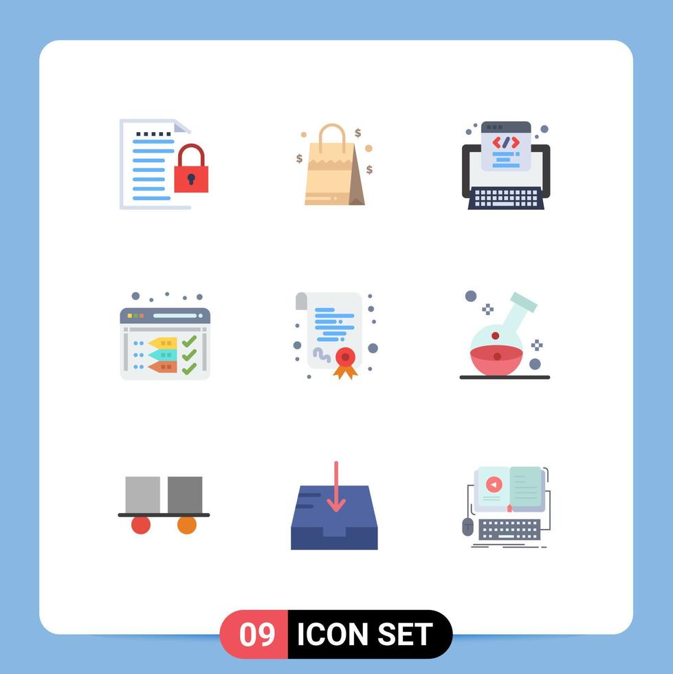 9 signos universales de color plano símbolos de certificación optimizan el desarrollo americano elementos de diseño vectorial editables web vector