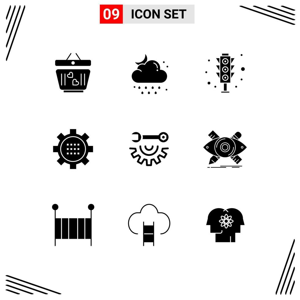 Group of 9 Solid Glyphs Signs and Symbols for setting gear moon configuration traffic signal Editable Vector Design Elements