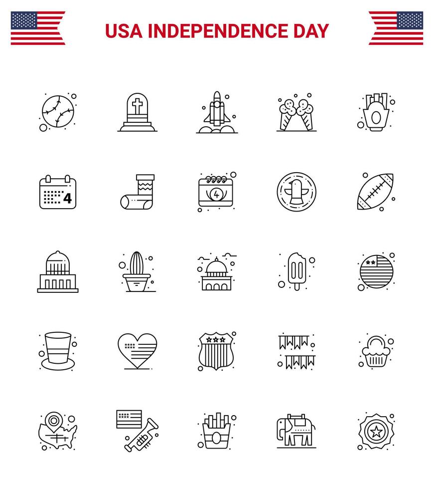 Set of 25 Vector Lines on 4th July USA Independence Day such as chips cream launcher ice usa Editable USA Day Vector Design Elements