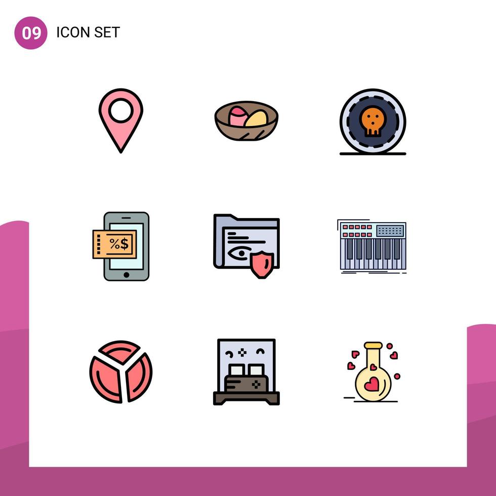 9 Universal Filledline Flat Color Signs Symbols of security gdpr coin discount mobile Editable Vector Design Elements