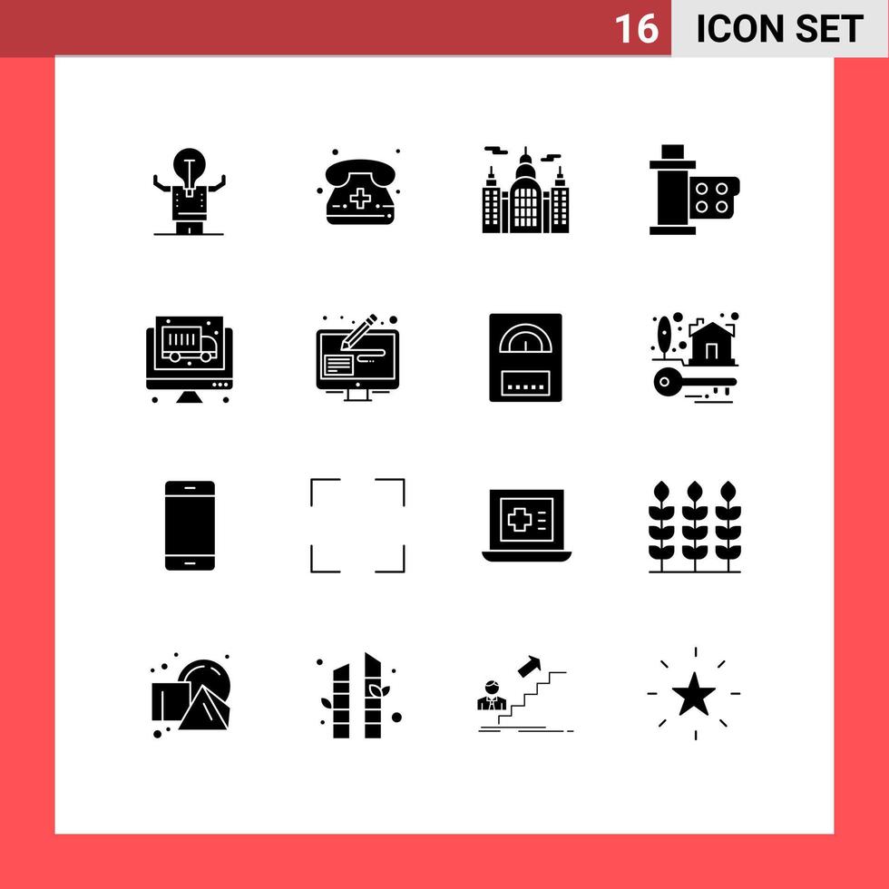 conjunto moderno de 16 pictogramas de glifos sólidos de elementos de diseño vectorial editables de cine de cine de teléfono multimedia de computadora vector