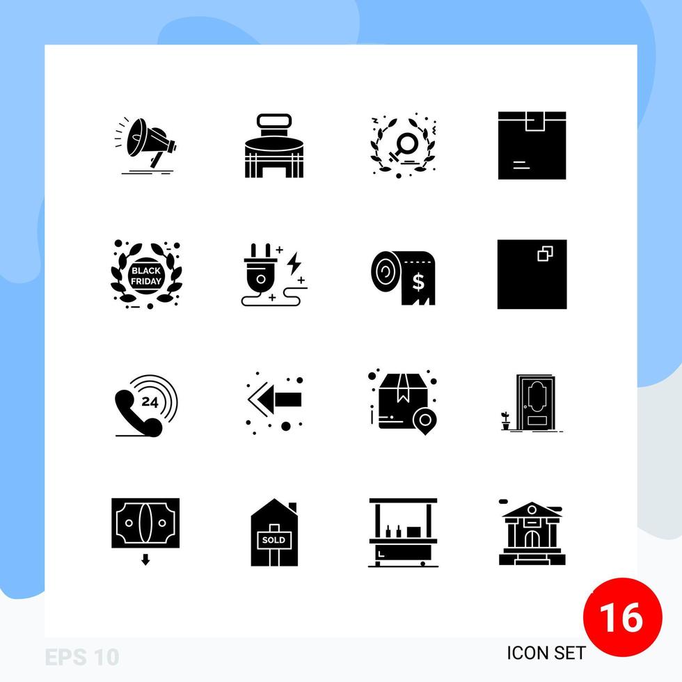 paquete de 16 signos y símbolos de glifos sólidos modernos para medios de impresión web, como elementos de diseño de vectores editables de la caja de bienes del estadio del producto de la etiqueta