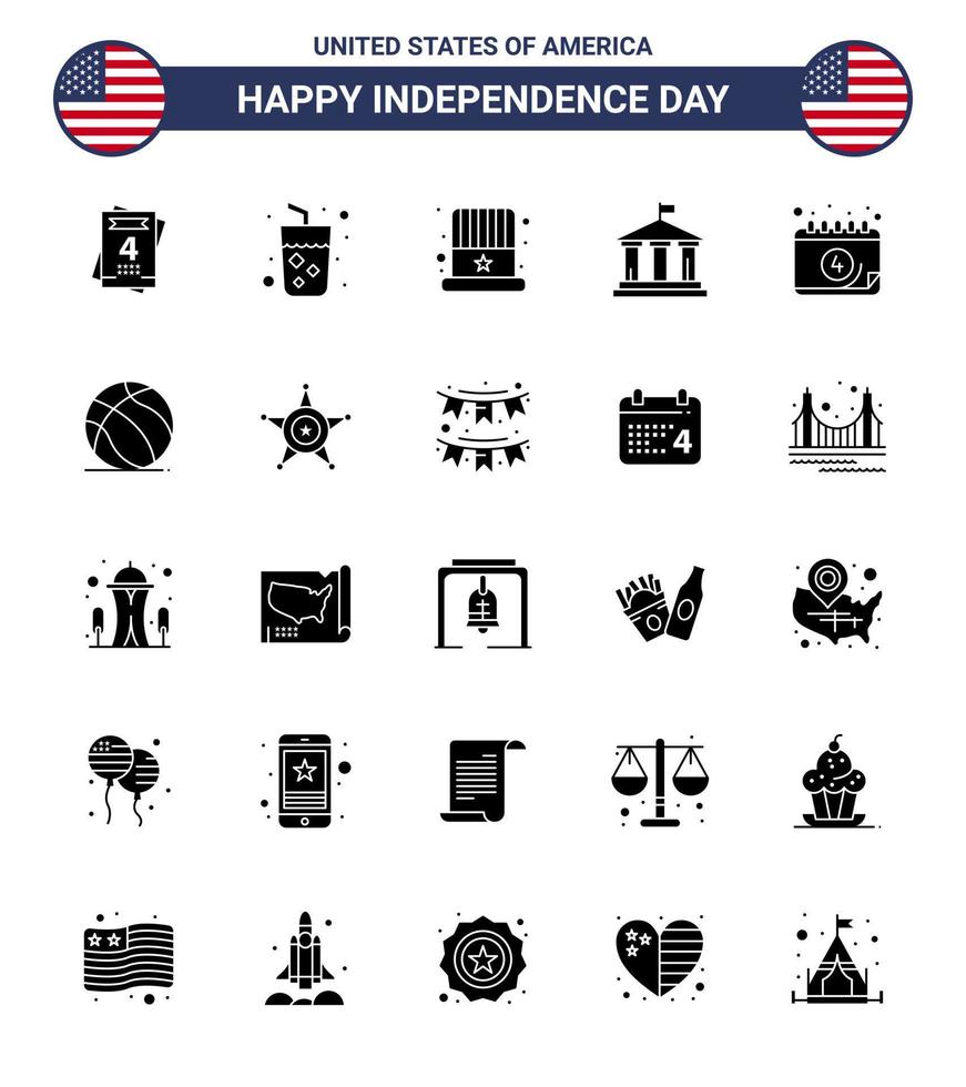 Set of 25 Vector Solid Glyph on 4th July USA Independence Day such as date american cap usa flag Editable USA Day Vector Design Elements