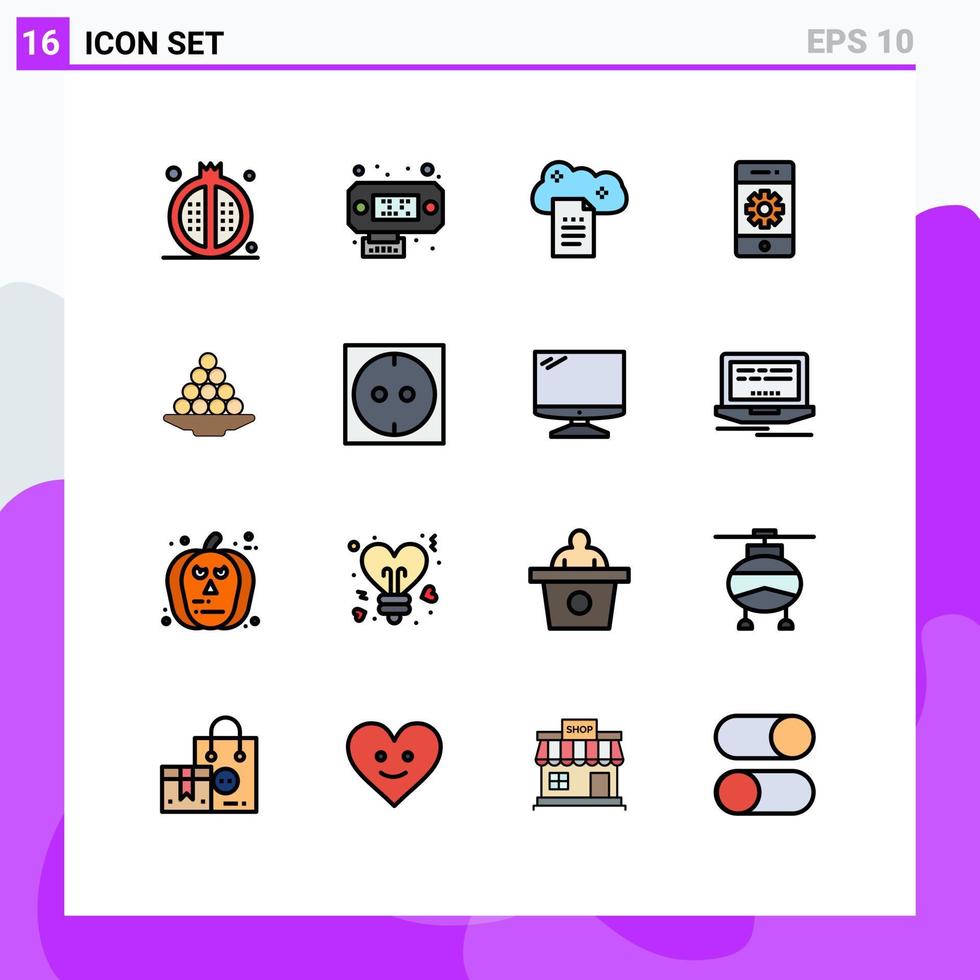 Paquete de 16 líneas rellenas de color plano de interfaz de usuario de signos y símbolos modernos de comunicaciones de informes de nube de teléfono inteligente Documentos del cielo Elementos de diseño de vectores creativos editables