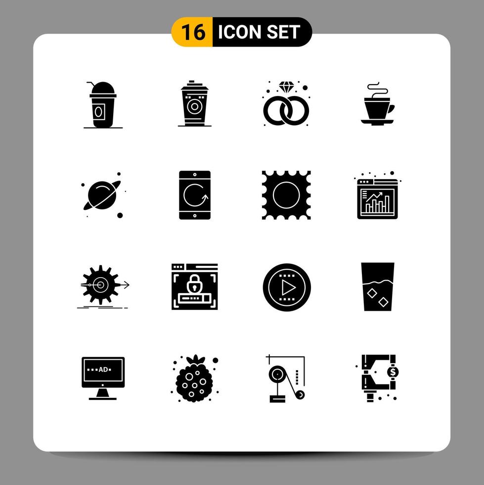 Pack of 16 creative Solid Glyphs of space planet diamond indian cup Editable Vector Design Elements