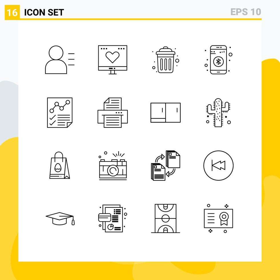 Editable Vector Line Pack of 16 Simple Outlines of data sign dustbin share bluetooth Editable Vector Design Elements