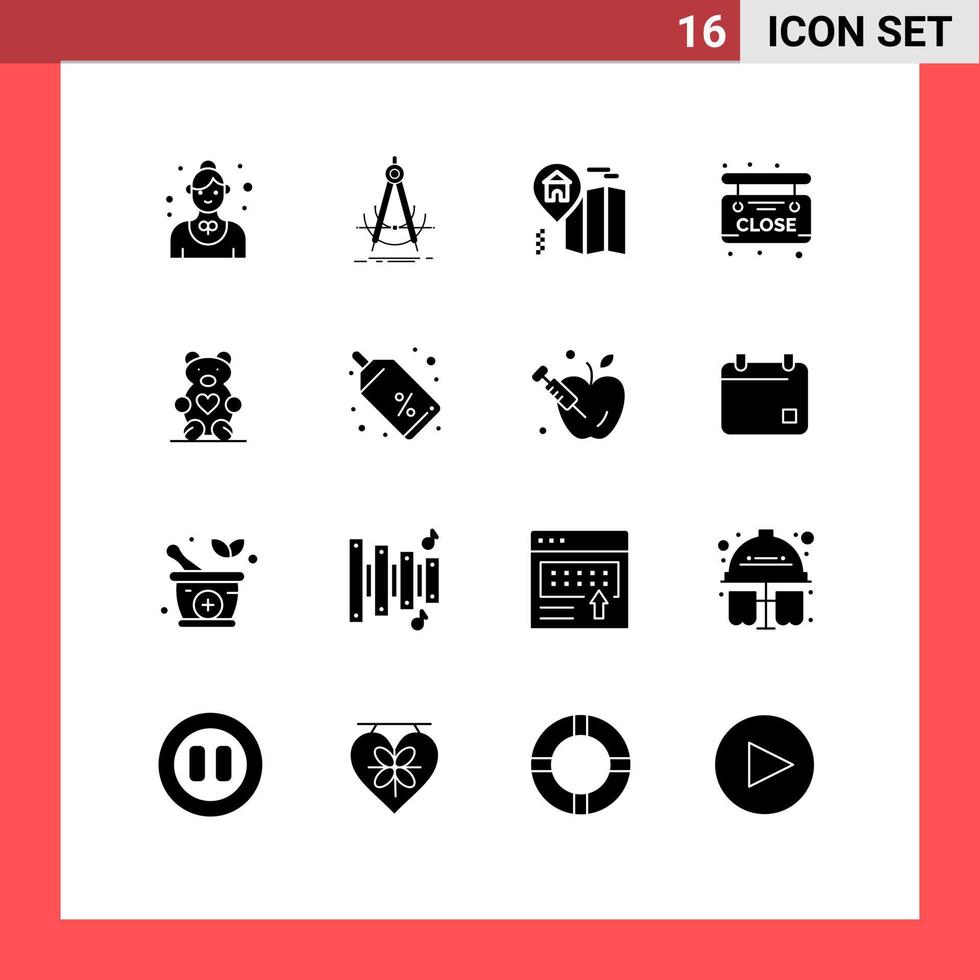 Mobile Interface Solid Glyph Set of 16 Pictograms of love close compass board map Editable Vector Design Elements