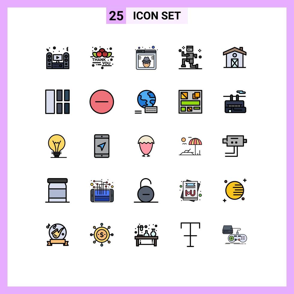 Pack of 25 Modern Filled line Flat Colors Signs and Symbols for Web Print Media such as home jogging thanksgiving exercise hacker Editable Vector Design Elements