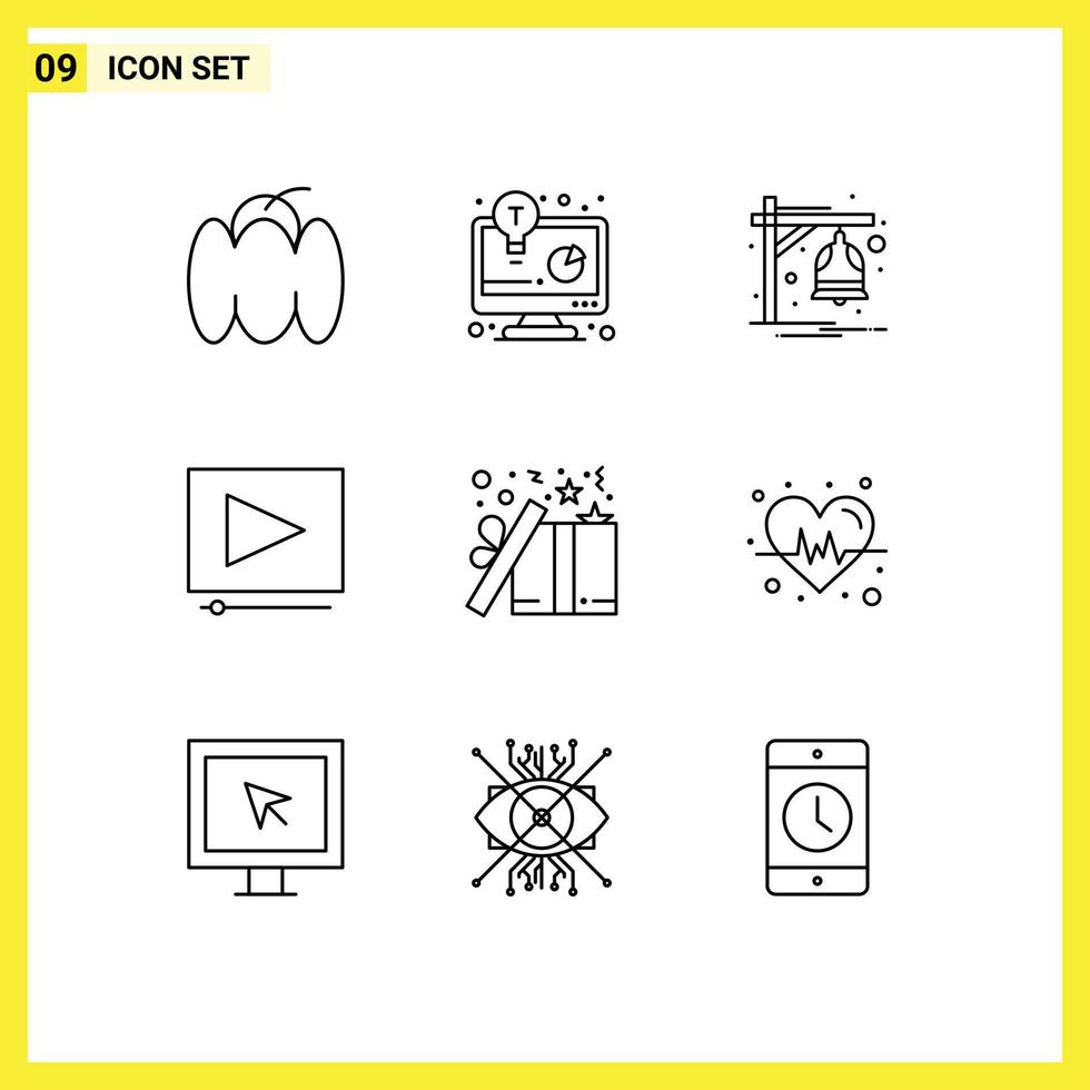 Modern Set of 9 Outlines and symbols such as christmas gift alarm project video Editable Vector Design Elements