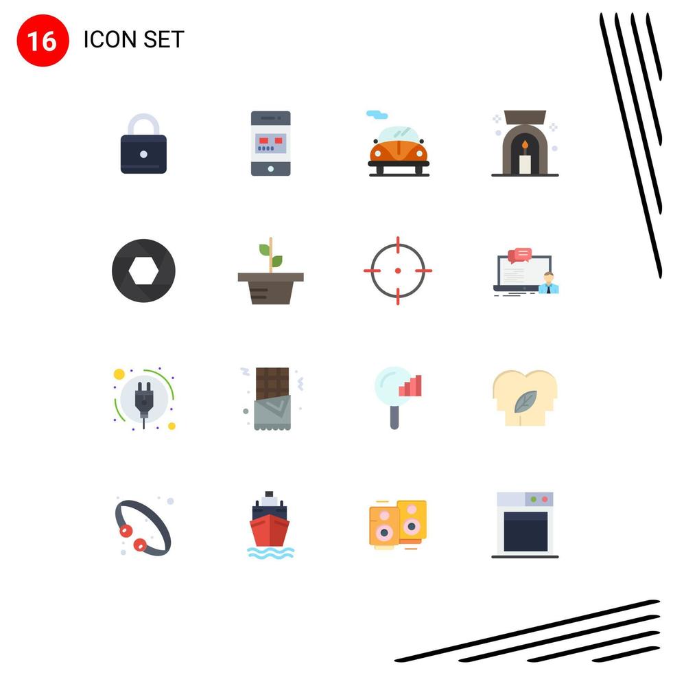 16 Thematic Vector Flat Colors and Editable Symbols of photo camera automobile aperture lamp Editable Pack of Creative Vector Design Elements
