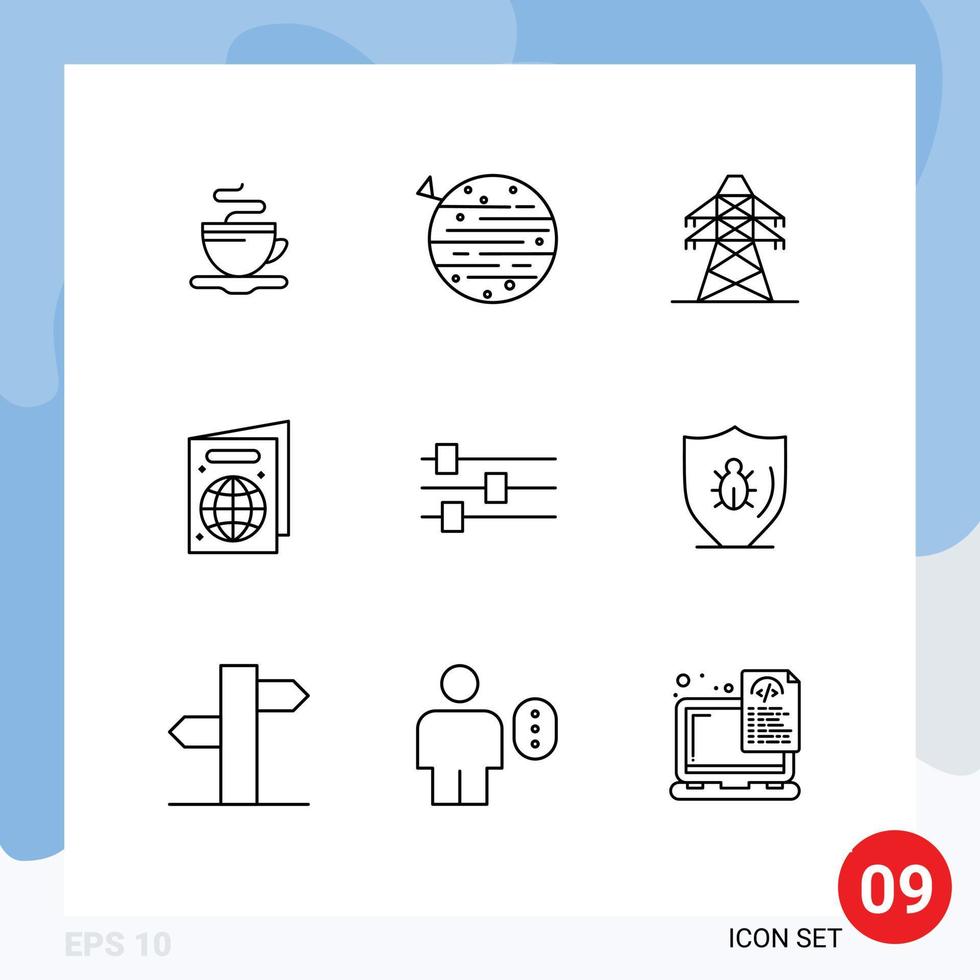 Set of 9 Vector Outlines on Grid for edit passport earth pass transmission tower Editable Vector Design Elements