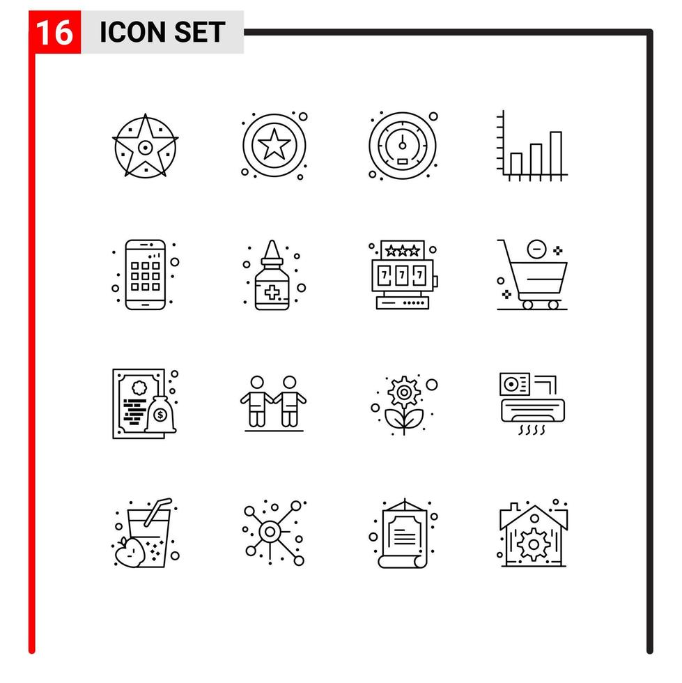 Modern Set of 16 Outlines Pictograph of bottle device speed app chart Editable Vector Design Elements