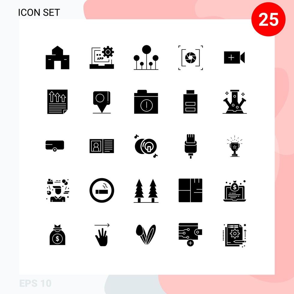 User Interface Pack of 25 Basic Solid Glyphs of photography aperture development camera nature Editable Vector Design Elements