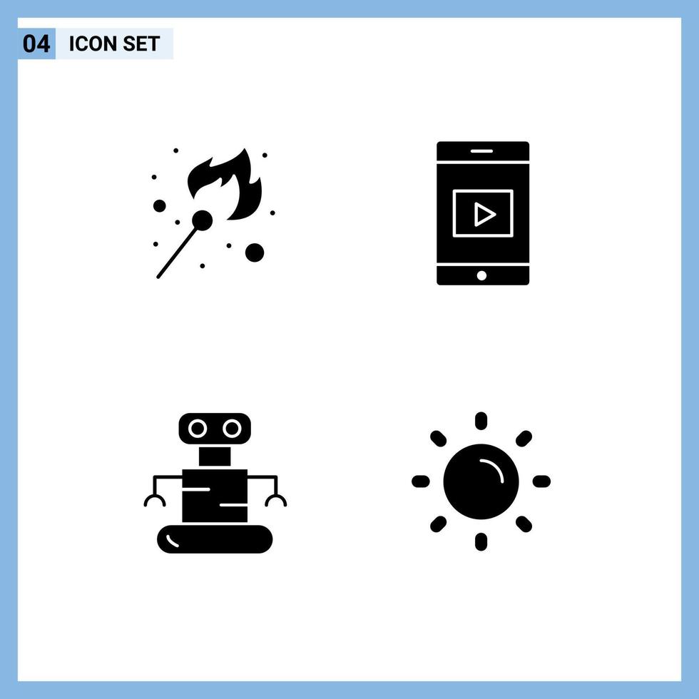 4 Universal Solid Glyphs Set for Web and Mobile Applications fire space stick video light Editable Vector Design Elements