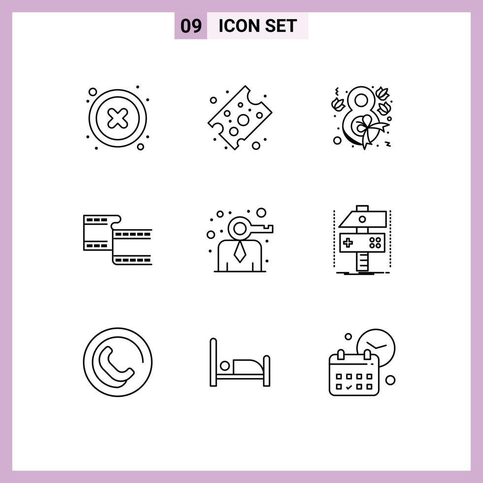 Universal Icon Symbols Group of 9 Modern Outlines of person key flower business movi Editable Vector Design Elements