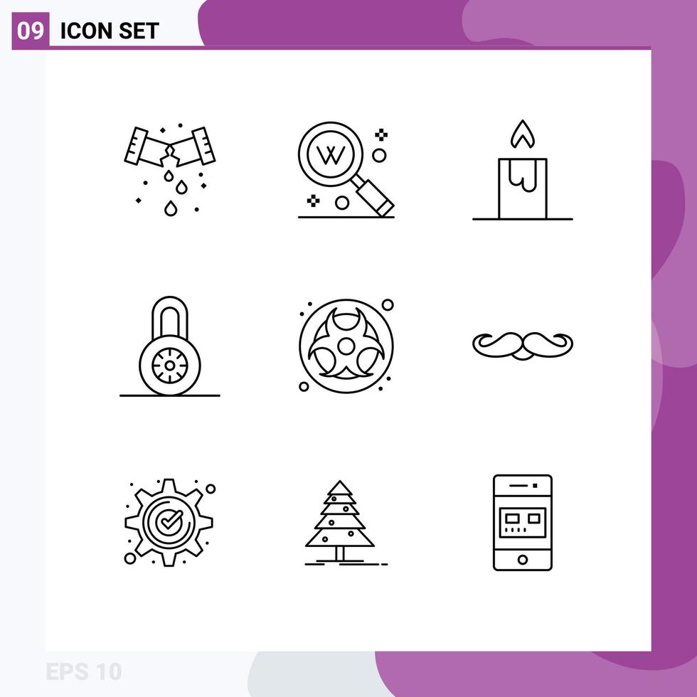 Modern Set of 9 Outlines and symbols such as waste hazard text gas padlock Editable Vector Design Elements