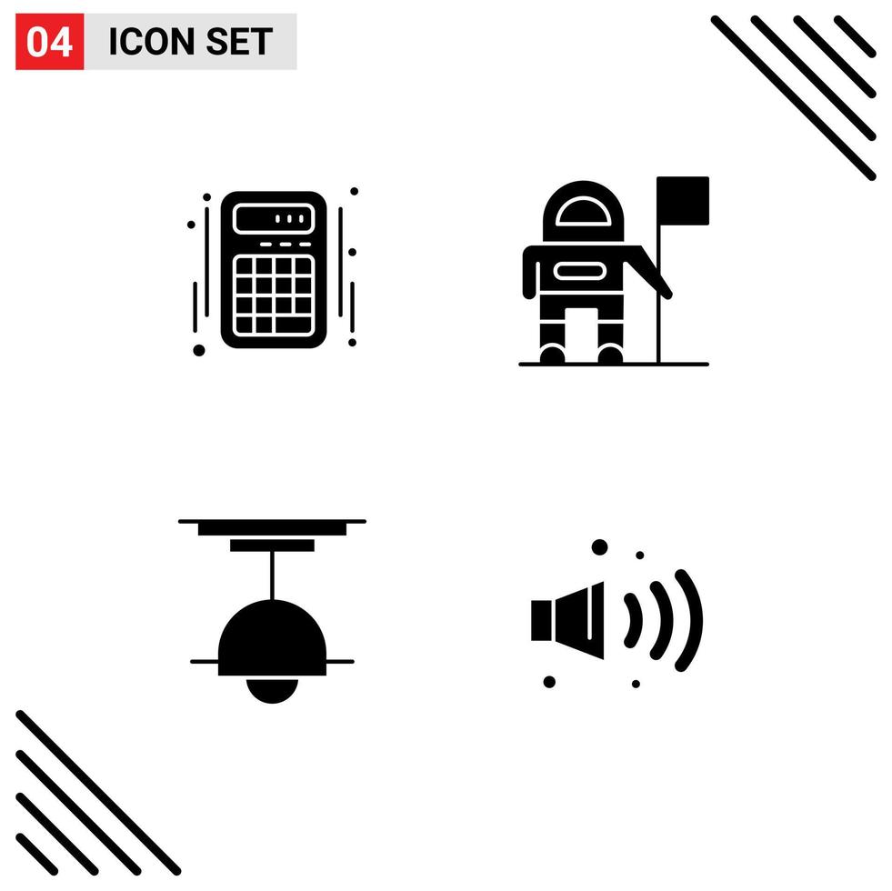 paquete de 4 signos y símbolos de glifos sólidos modernos para medios de impresión web, como cuentas interiores de calculadora, elementos de diseño de vectores editables con luz de bandera