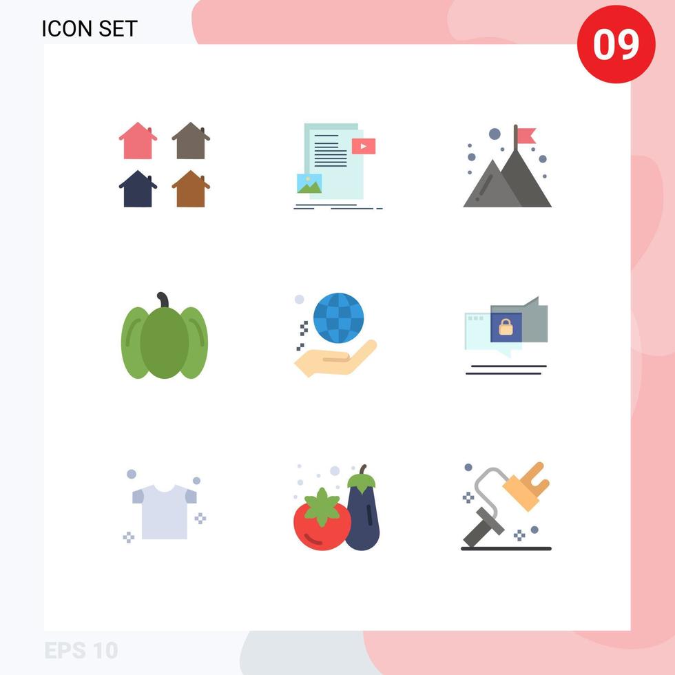 9 Universal Flat Color Signs Symbols of hand peppers media food management Editable Vector Design Elements