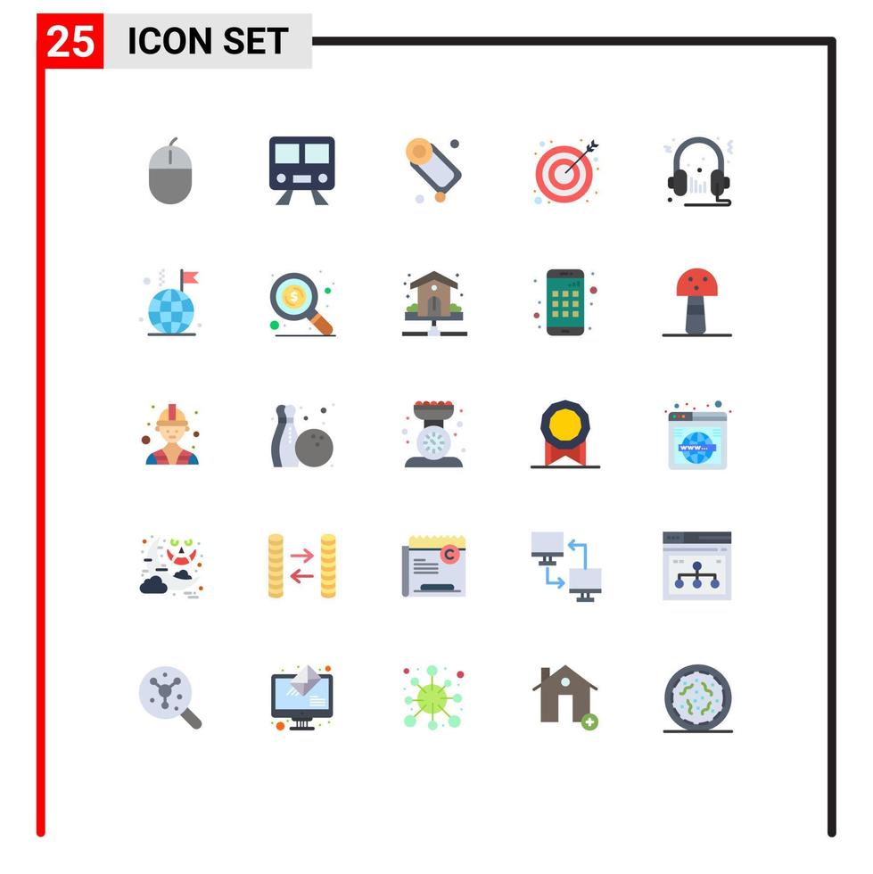 Mobile Interface Flat Color Set of 25 Pictograms of headphone target train goal soap Editable Vector Design Elements