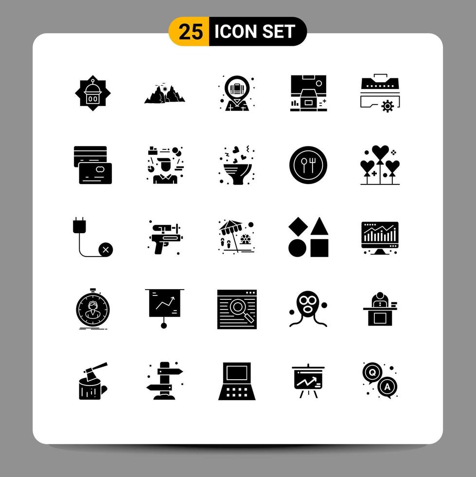 Pack of 25 Modern Solid Glyphs Signs and Symbols for Web Print Media such as panel center nature cabin briefcase in map pin Editable Vector Design Elements