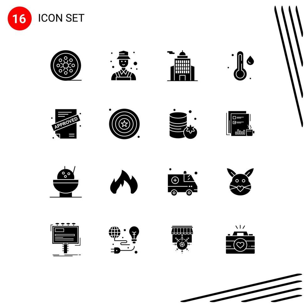 Pack of 16 creative Solid Glyphs of approved weather detect temperature museum Editable Vector Design Elements