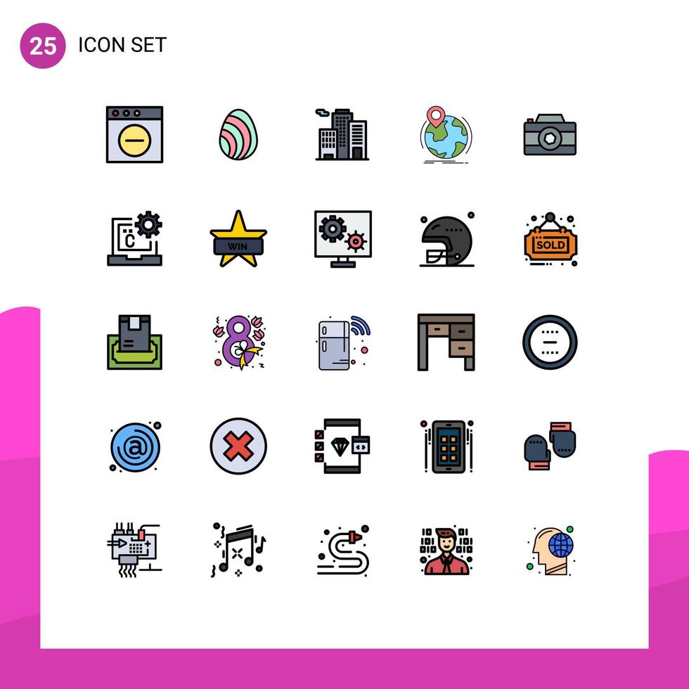 Pictogram Set of 25 Simple Filled line Flat Colors of picture camera business marker worldwide Editable Vector Design Elements