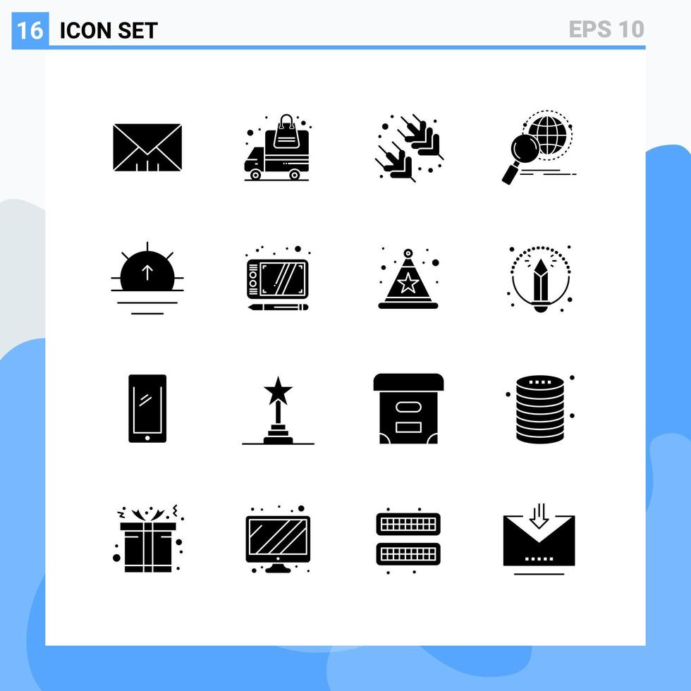 Modern Set of 16 Solid Glyphs and symbols such as sunrise nature supermarket world magnifier Editable Vector Design Elements