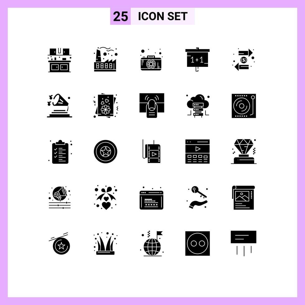 25 Solid Glyph concept for Websites Mobile and Apps exchange coin photo study learning Editable Vector Design Elements