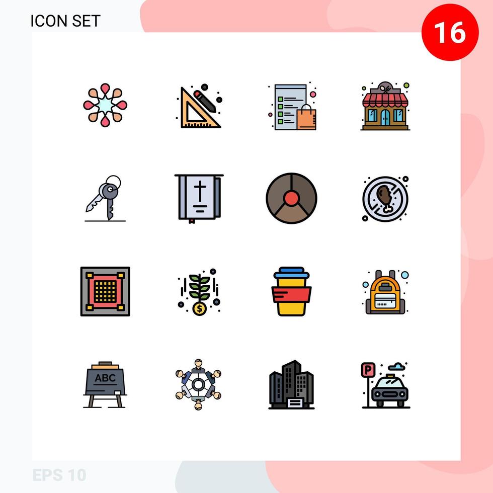 Group of 16 Flat Color Filled Lines Signs and Symbols for security key clipboard store restaurant Editable Creative Vector Design Elements