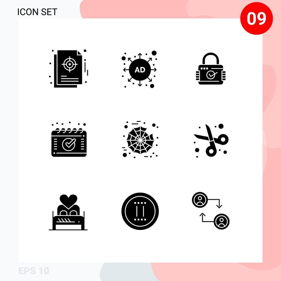 Set of 9 Vector Solid Glyphs on Grid for web halloween lock schedule appointment Editable Vector Design Elements