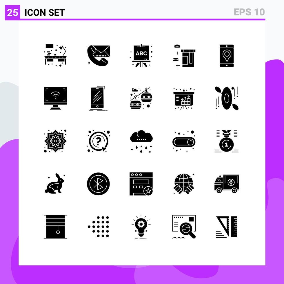 25 User Interface Solid Glyph Pack of modern Signs and Symbols of map mobile messaging healthcare tablet Editable Vector Design Elements