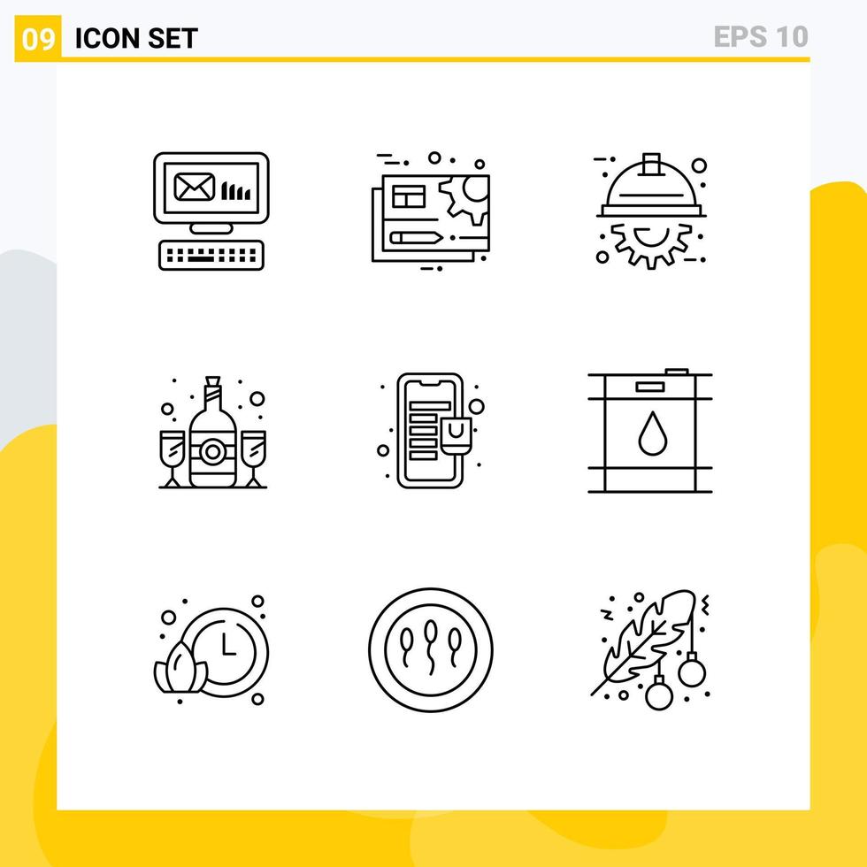 9 User Interface Outline Pack of modern Signs and Symbols of bag wine edit glass project Editable Vector Design Elements