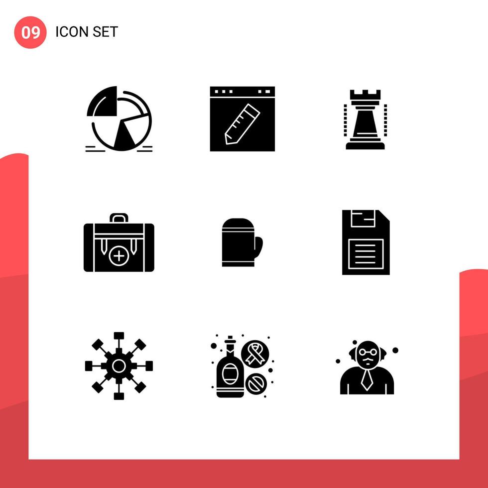 Set of 9 Vector Solid Glyphs on Grid for hiking camping education bag king Editable Vector Design Elements
