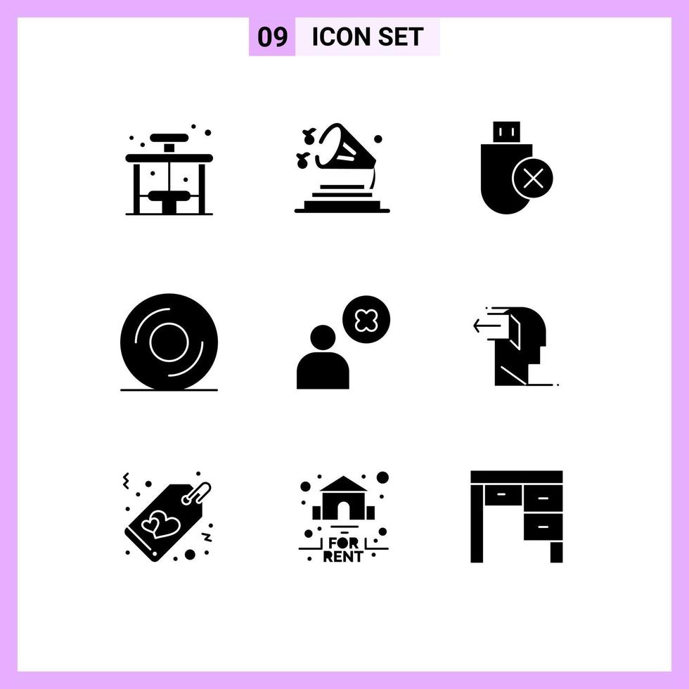 Pack of 9 Modern Solid Glyphs Signs and Symbols for Web Print Media such as delete user disk computers dvd stick Editable Vector Design Elements