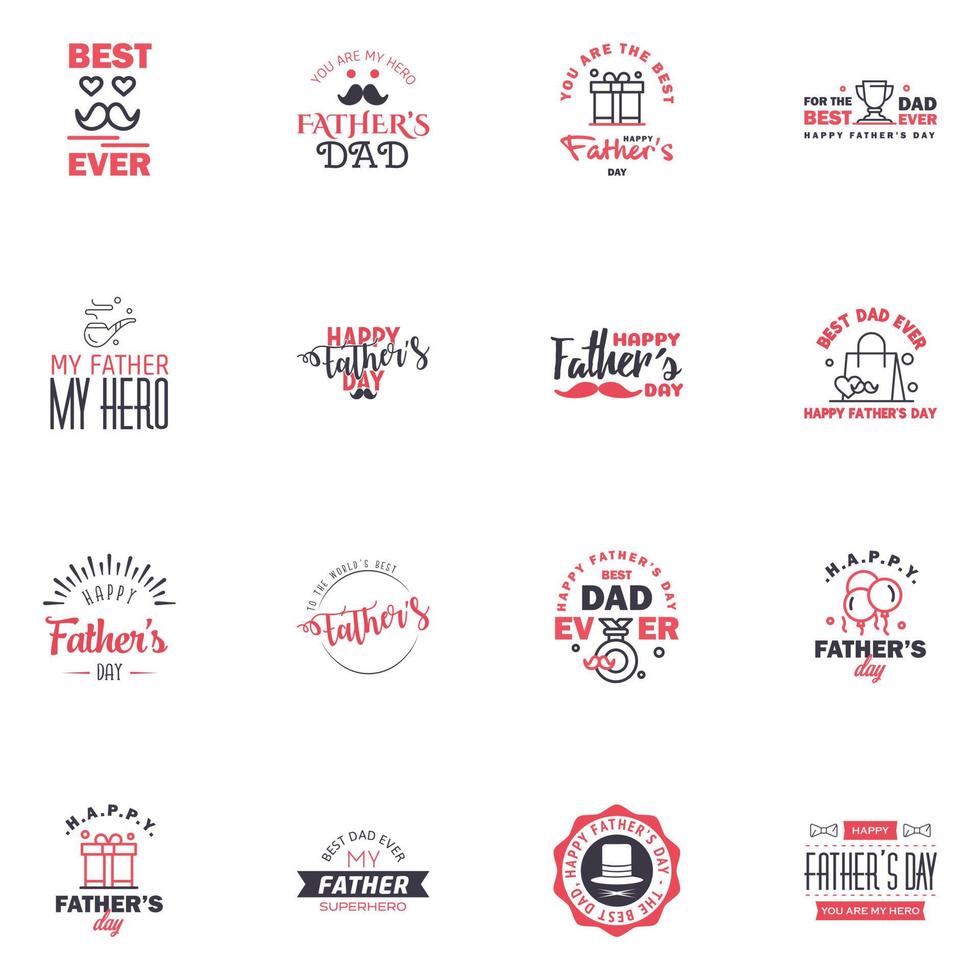 16 Black and Pink Set of Vector Happy fathers day Typography Vintage Icons Lettering for greeting cards banners tshirt design Fathers Day Editable Vector Design Elements