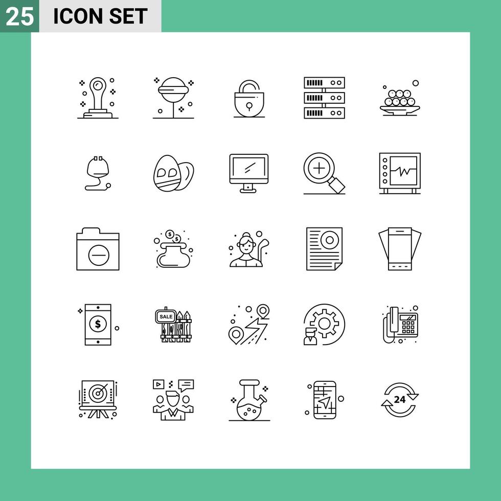User Interface Pack of 25 Basic Lines of meal iftar locked food datacenter Editable Vector Design Elements