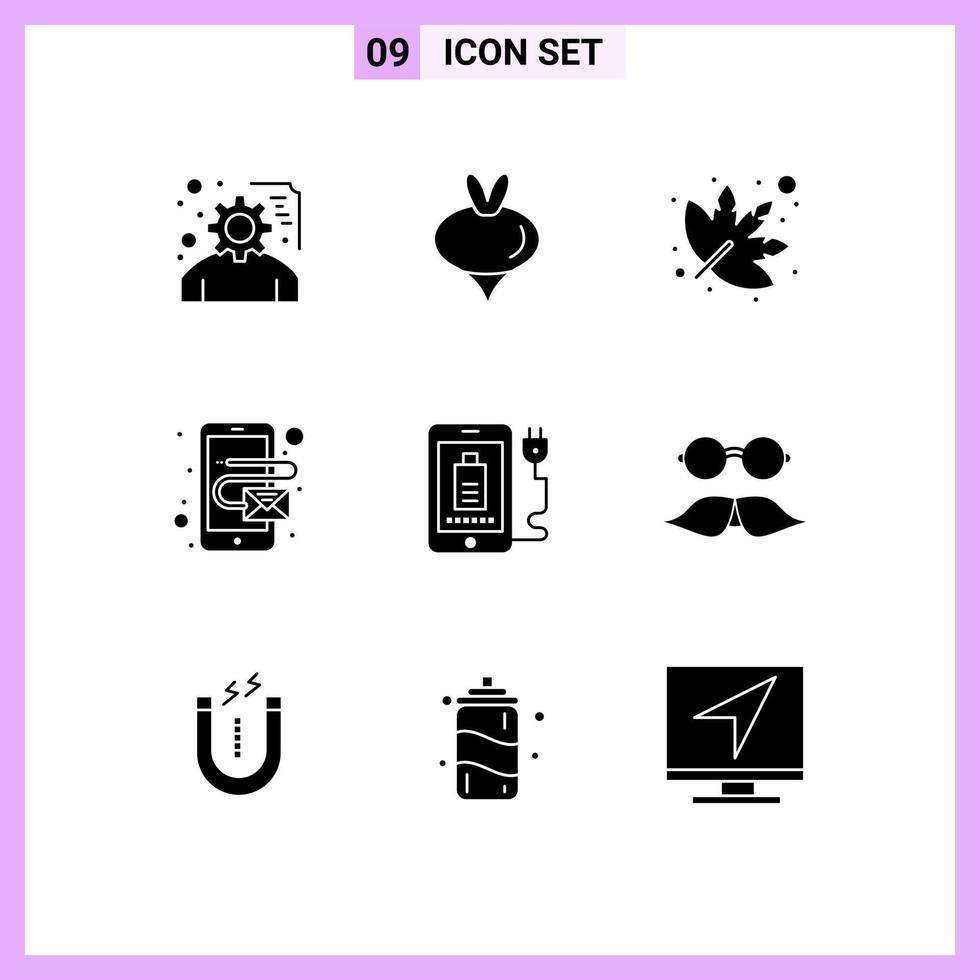 Set of 9 Modern UI Icons Symbols Signs for plug charg leaf mobile email Editable Vector Design Elements