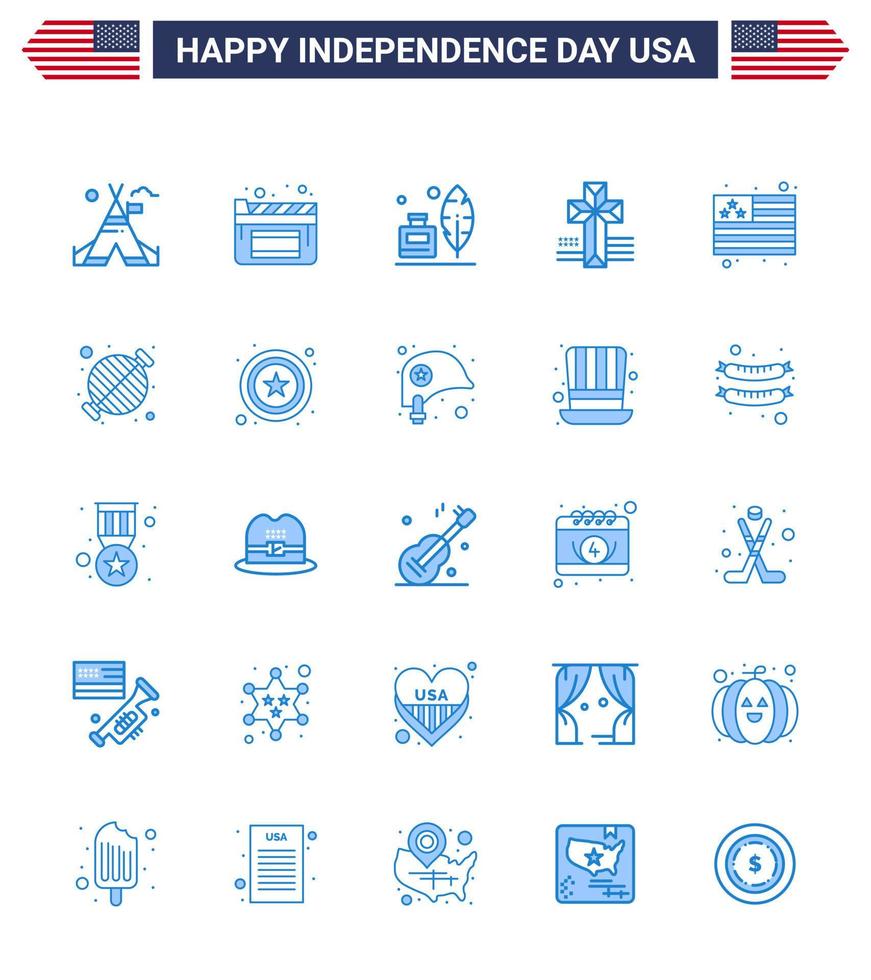 Modern Set of 25 Blues and symbols on USA Independence Day such as food flag feather country cross Editable USA Day Vector Design Elements