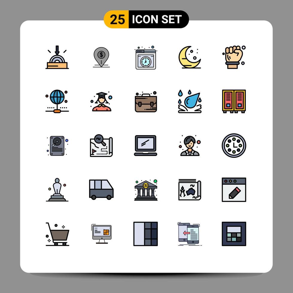 25 Filled line Flat Color concept for Websites Mobile and Apps labour hand moon bank farming internet Editable Vector Design Elements